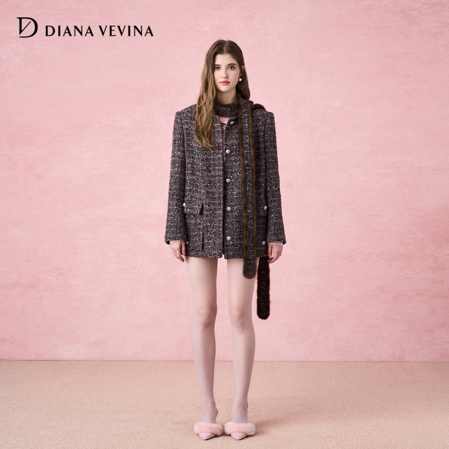 DIANAVEVINA秋冬新款复古粗花呢小香风飘带外套直筒短裤套装