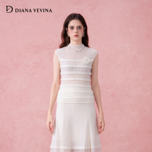 DIANAVEVINA秋冬新品立体花朵镂空荷叶边薄款无袖针织背心女