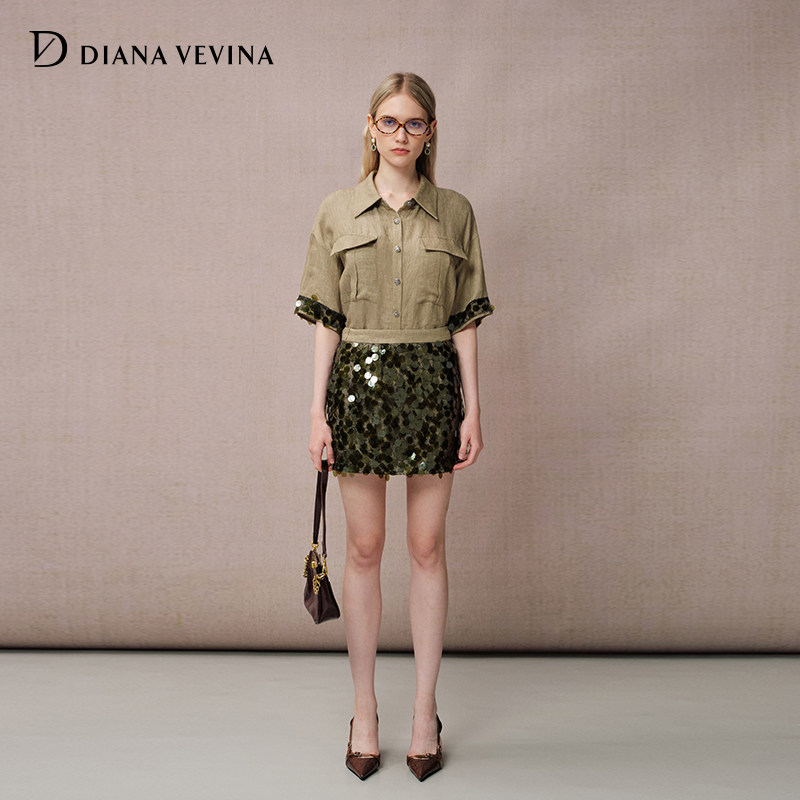 DIANAVEVINA25夏季新款时尚套装女亚麻亮片拼接衬衫半身裙两件套
