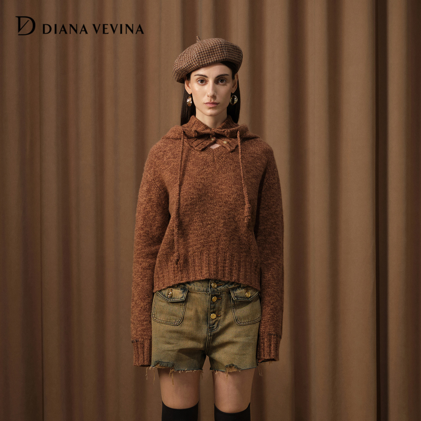 DIANAVEVINA2025冬季新款拆卸围脖连帽针织衫女宽松毛衣羊毛外套