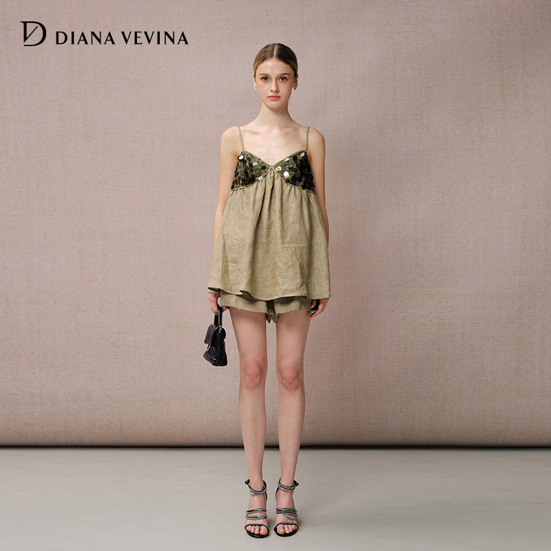 【姚晓棠同款】DIANAVEVINA时尚套装女亚麻亮片拼接吊带抽绳短裤
