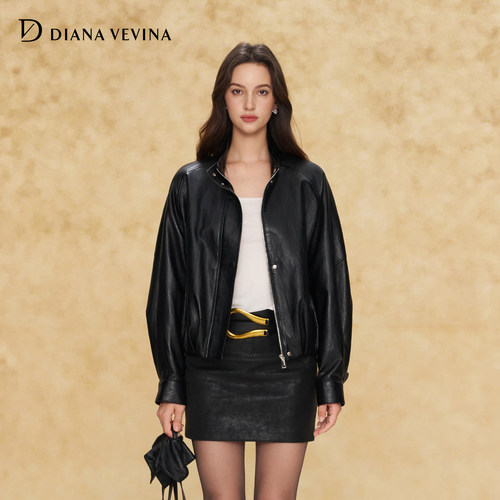 DIANAVEVINA2026秋新款黑色立领女短宽松长袖简约PU皮衣夹克外套