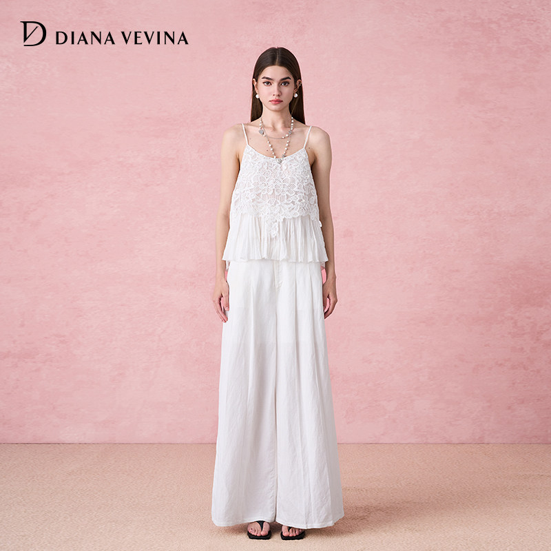 DIANAVEVINA夏季新款白色蕾丝雪纺吊带背心露肩无袖宽松女上衣