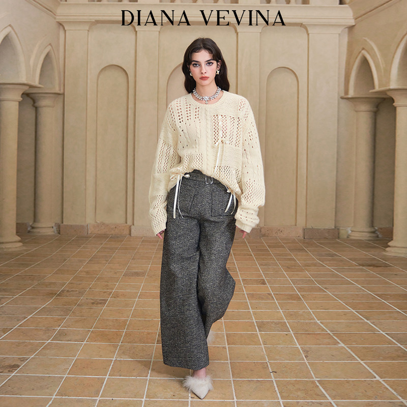 DIANA VEVINA秋新款镂空绑绳针织衫双口袋直筒长裤显瘦套装