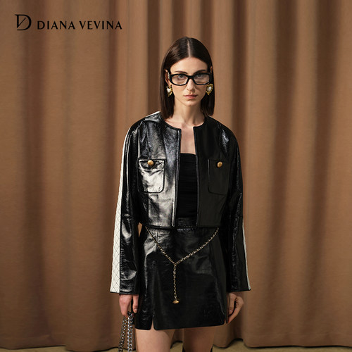 菱格撞色短款羊皮短外套