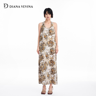 DIANAVEVINA2025夏季新款油画风印花无袖连衣裙挂脖露背长裙女