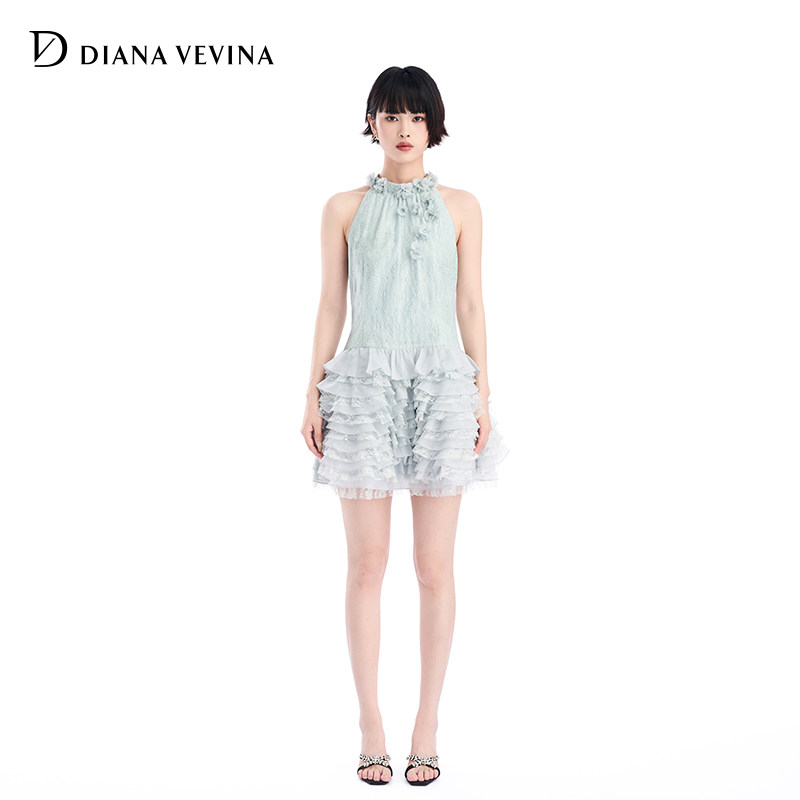 DIANAVEVINA2025夏季新款连衣裙女立体花朵无袖蕾丝蛋糕裙