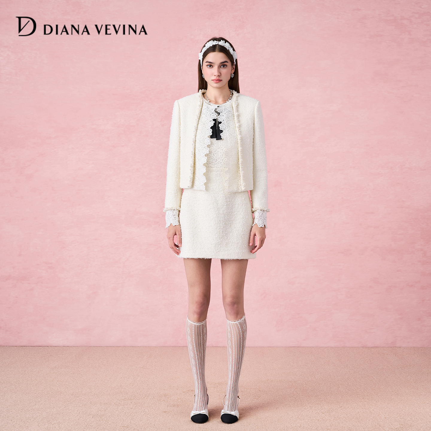 DIANAVEVINA2025秋冬新品小香风拼接蕾丝外套无袖连衣裙时尚套装