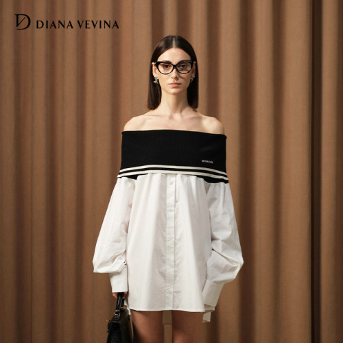 【徐紫茵 阿娇同款】DIANA VEVINA 秋季新款针织拼接一字领衬衫裙
