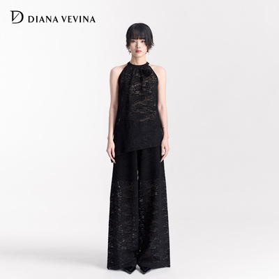 DIANAVEVINA2025春夏新款时尚套装女提花背心上衣黑色阔腿长裤