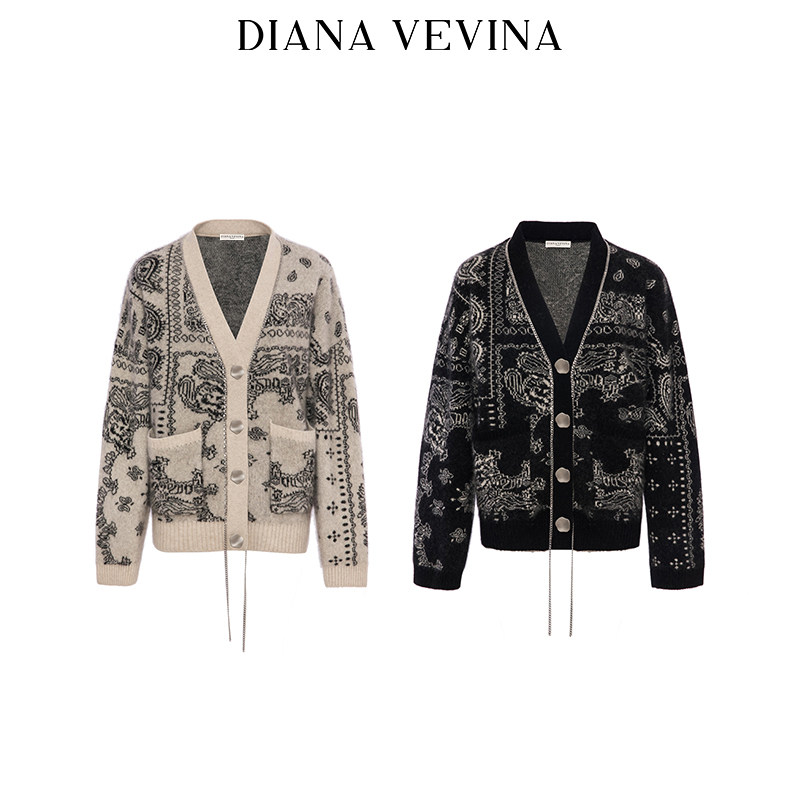 【迪丽热巴江疏影王艺瑾同款】DIANA VEVINA春款链条图腾毛衣开衫