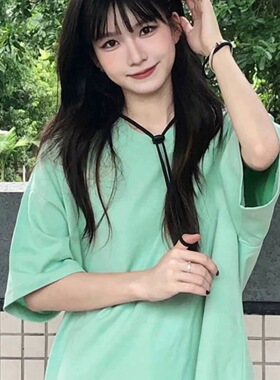纯棉夏日多巴胺穿搭薄荷绿色短袖t恤女oversize宽松设计感ins上衣