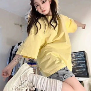 t恤女大童oversize宽松2025夏季 100%纯棉多巴胺穿搭黄色短袖 上衣