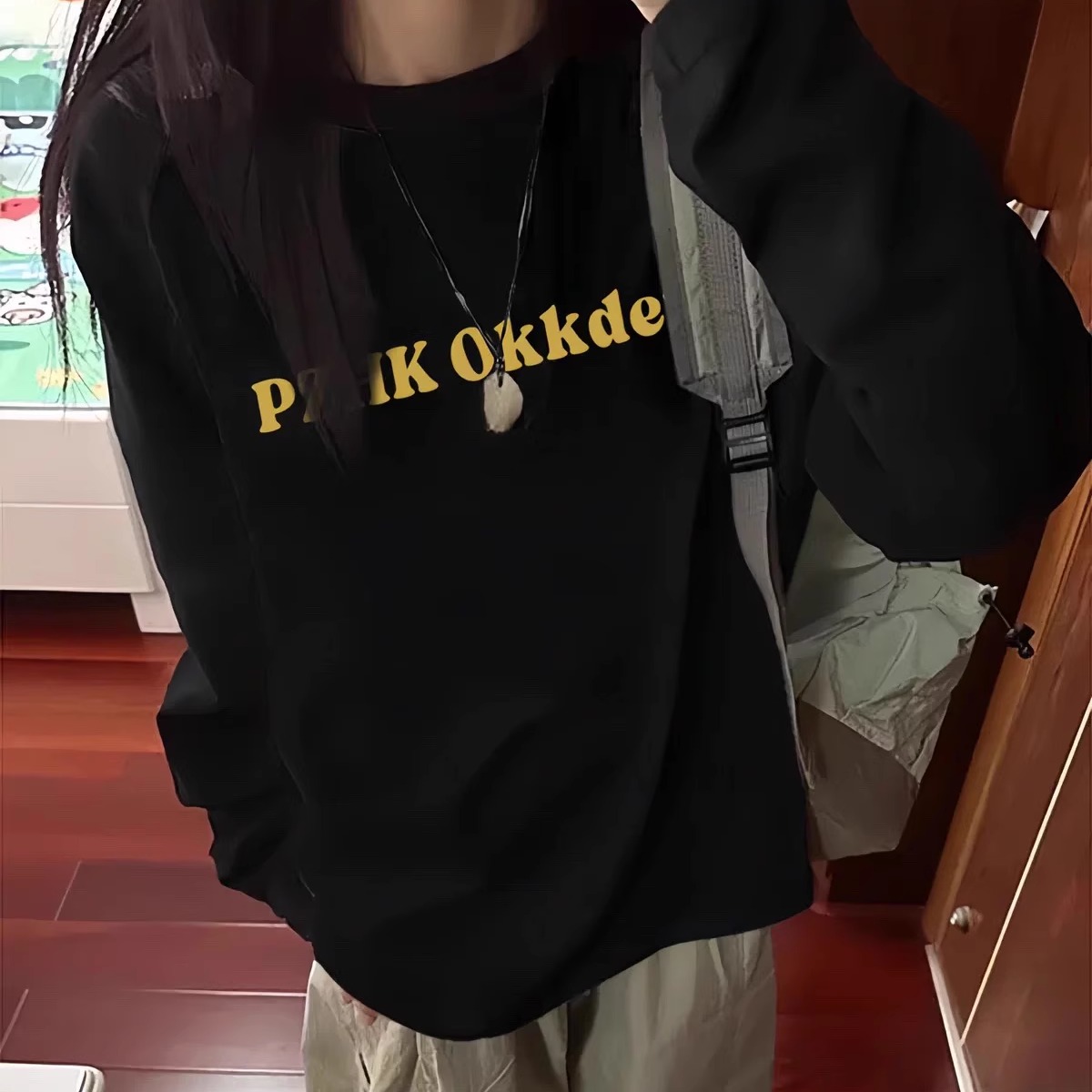 100%纯棉潮牌黑色长袖t恤女上衣