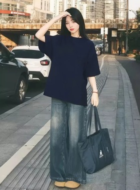 100%纯棉美式复古藏青色短袖t恤女oversize宽松简约休闲百搭上衣