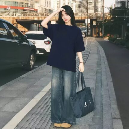 100%纯棉美式复古藏青色短袖t恤女oversize宽松简约休闲百搭上衣
