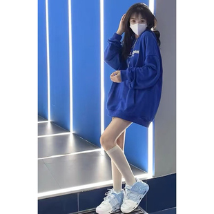 克莱因蓝色连帽卫衣女加绒高街oversize设计感小众bf慵懒风上衣