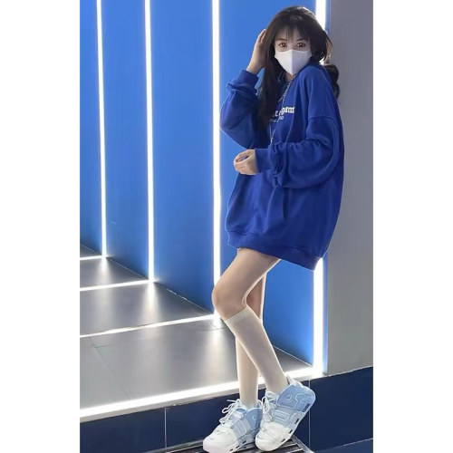 克莱因蓝色连帽卫衣女加绒高街
