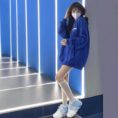 克莱因蓝色连帽卫衣女加绒高街