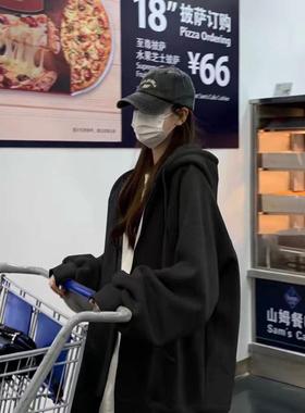 美式慵懒风黑色拉链开衫卫衣女2025新款爆款小众设计感外套上衣