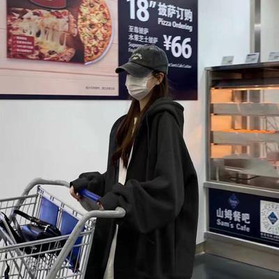 美式慵懒风黑色拉链开衫卫衣女