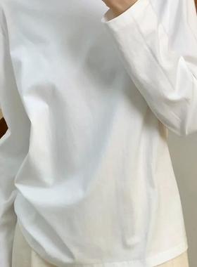 纯棉盐系ins小白体2025春秋新款简约时尚休闲长袖t恤女宽松打底衫