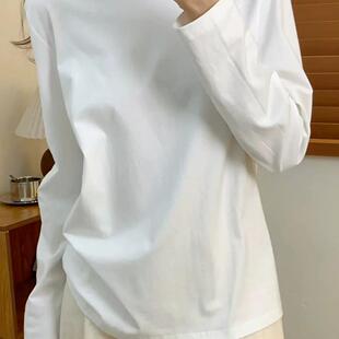 纯棉盐系ins小白体2025春秋新款简约时尚休闲长袖t恤女宽松打底衫