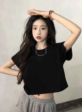 2025夏季新款休闲简约黑色短袖t恤女小众设计感短款正肩纯色上衣