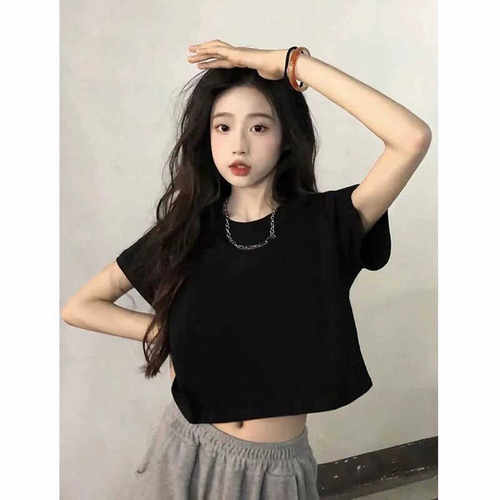夏季休闲简约黑色短袖t恤女短款