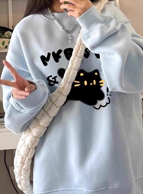 纯棉浅蓝色圆领无帽卫衣女宽松oversize超好看2025秋冬加绒上衣