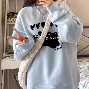 纯棉浅蓝色圆领无帽卫衣女宽松oversize超好看2025秋冬加绒上衣