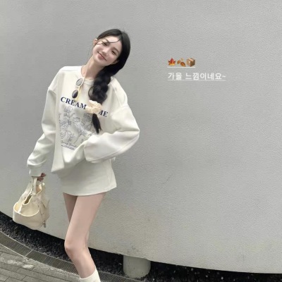 韩系慵懒风白色圆领卫衣女宽松