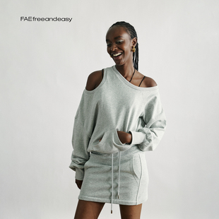 解构镂空抽绳灰色卫衣慵懒风休闲套头上衣 绿脉织界 FAE