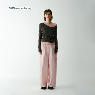 斜肩针织T恤春季 假两件拼色荡领上衣修身 不必拘束 新款 FAE