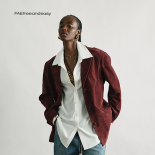 复古戗驳领麂皮绒宽肩直身西装 沙栖余晖 外套2025年秋季 FAE