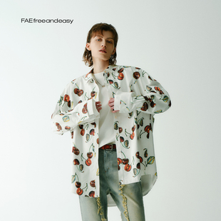 CHERRY纯棉大衬衫 无事请揣兜 慵懒风趣味印花休闲外套 FAE