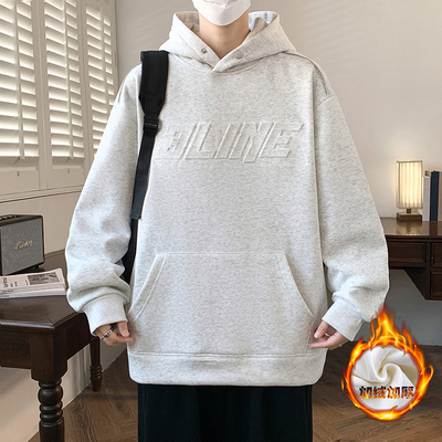 冬季新款青少年连帽加绒加厚卫衣简约个性字母印花男生百搭打底衫