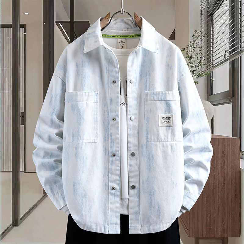 春秋季2026韩版学生牛仔外套字母贴标设计扎染潮流男生百搭夹克,男装,牛仔外套,淘宝优惠券,粉丝福利购,淘宝优惠卷