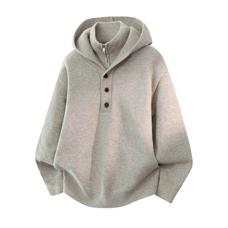 美式重磅新款青少年假两件连帽针织衫潮牌设计感男生百搭慵懒毛衣