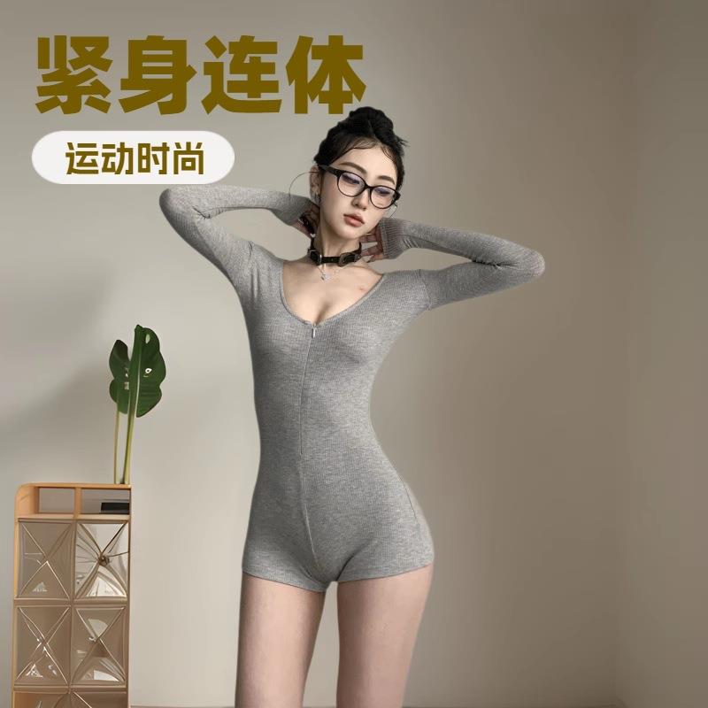 欧美风开领拉链长袖短裤连体服舞蹈健身运动紧身空中瑜伽服