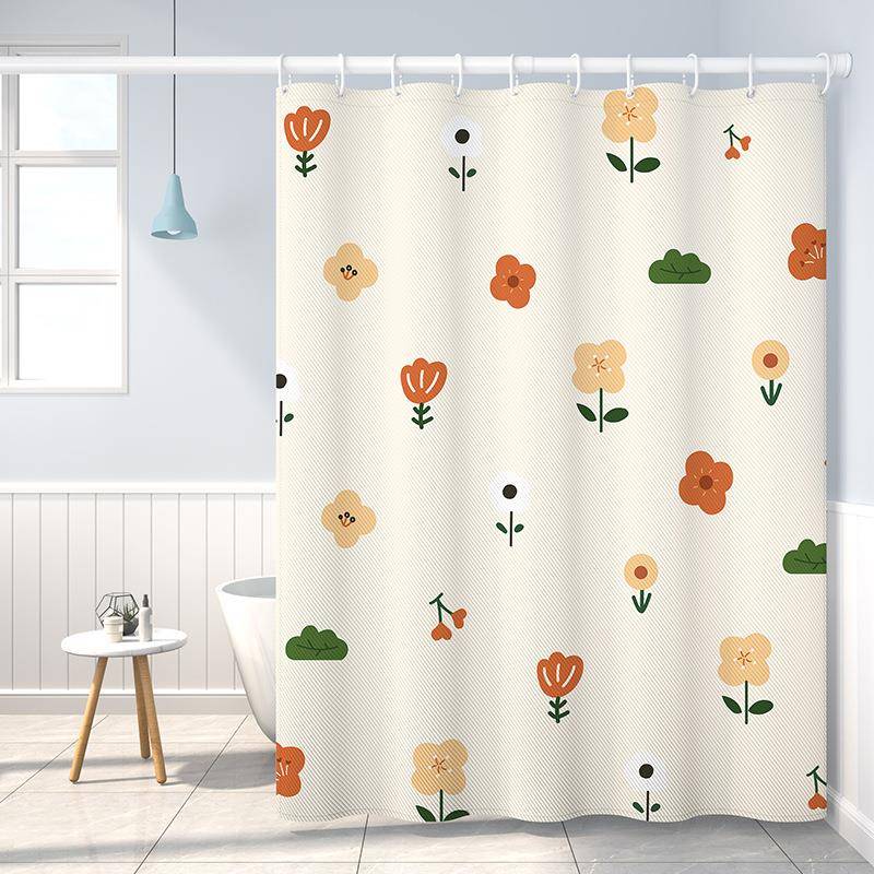 数码印花浴帘浴室淋浴隔断帘洗澡防水加厚涤纶伸缩杆干湿分离套装