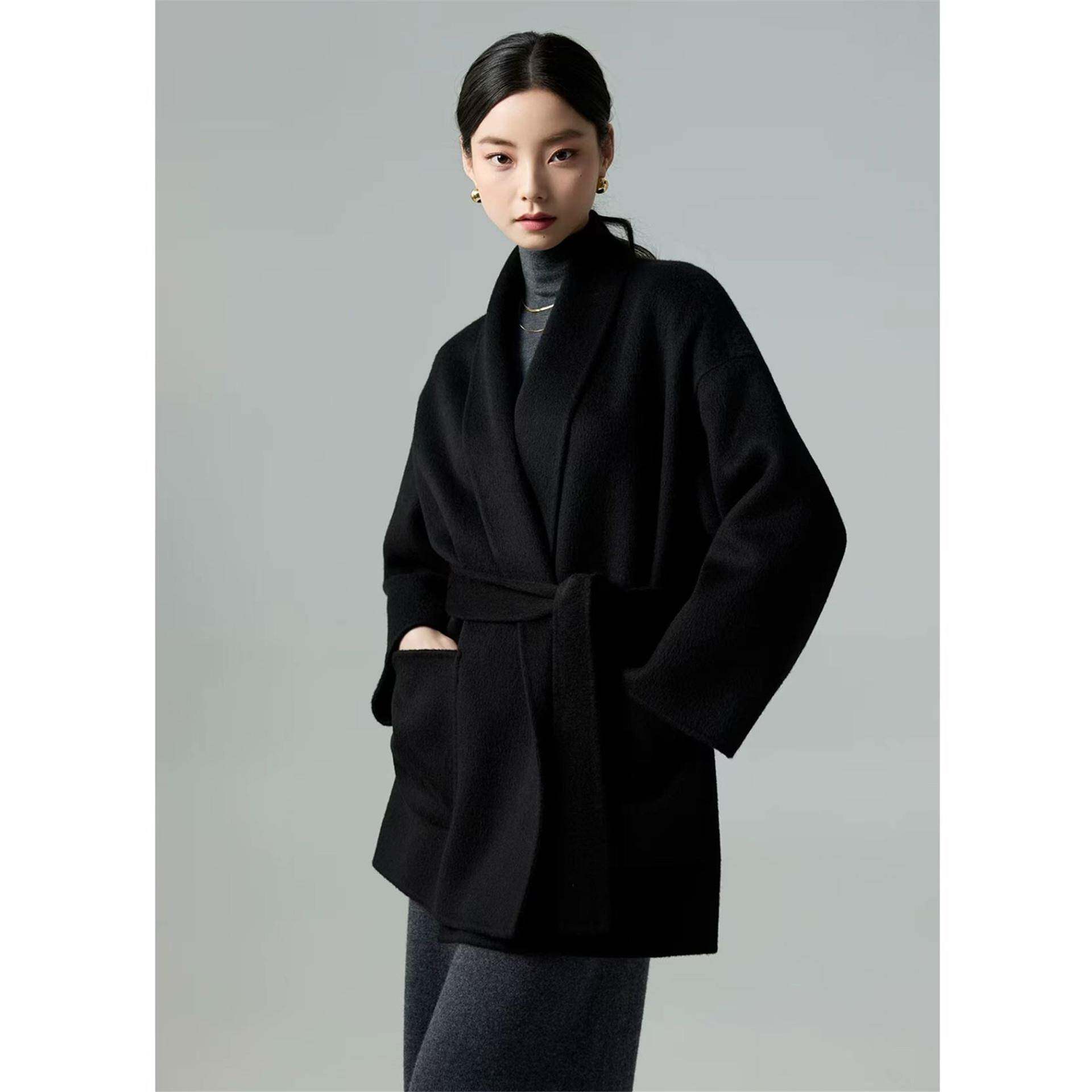 黑色短款浴袍领系腰带双面羊绒大衣女2025秋冬新款高级感毛呢外套