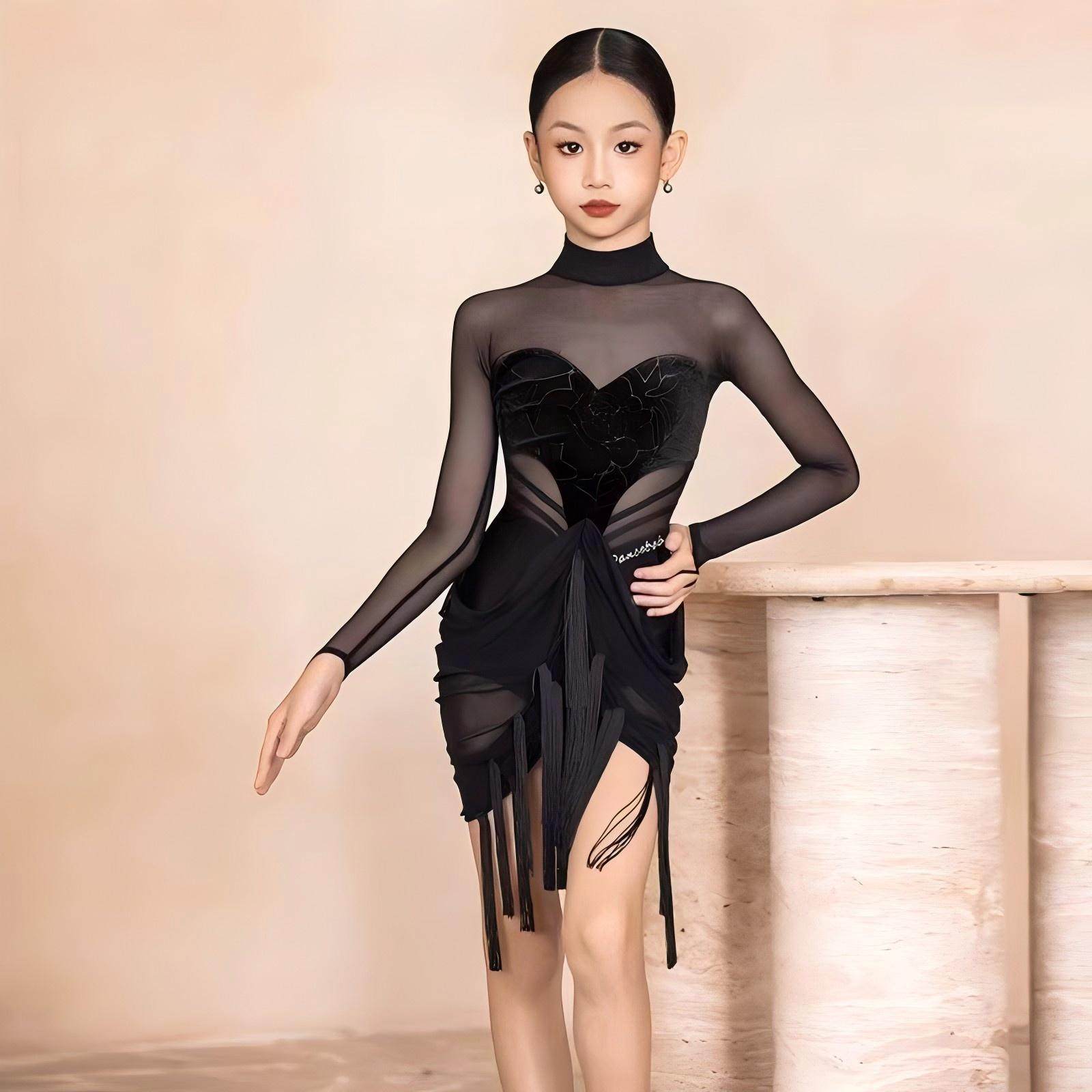 2026年冬季拉丁舞蹈服多元素网纱长袖高级感儿童演出练功服套装,运动/瑜伽/健身/球迷用品,拉丁舞练习套装,淘宝优惠券,粉丝福利购,淘宝优惠卷