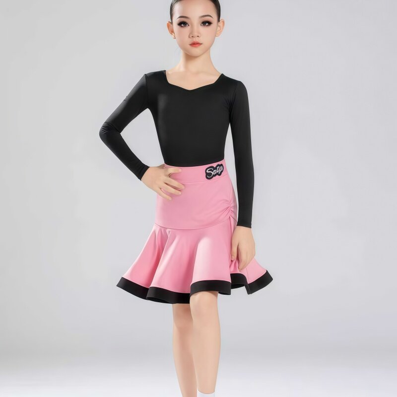 2026冬季新款女童拉丁舞练习服桃心领长袖连体上衣分体鱼骨大摆裙