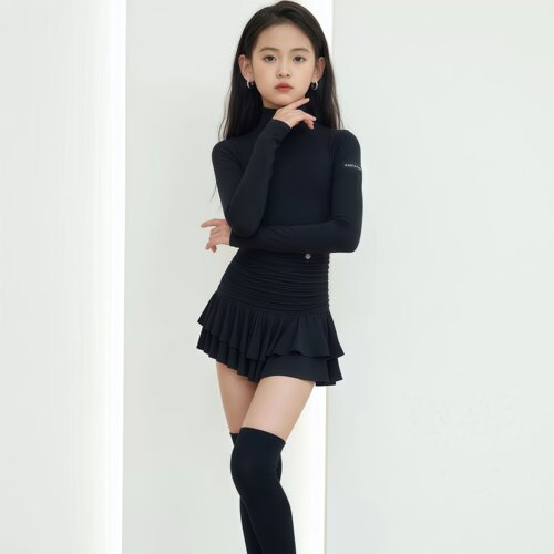 少儿拉丁高领长袖百褶短裙练功服