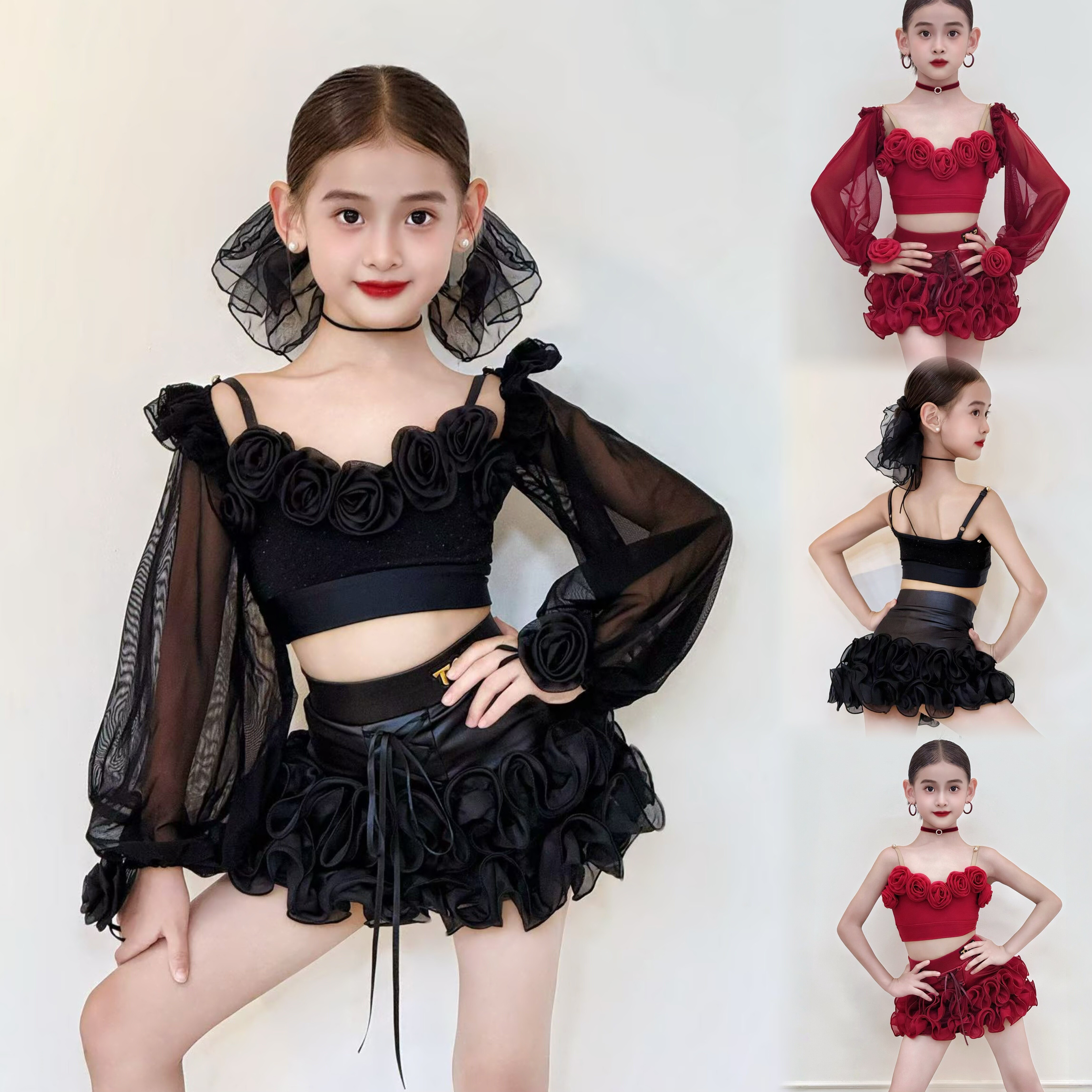 2025秋冬新款女童拉丁舞服练习服高级感长袖立体花朵吊带蓬蓬短裙