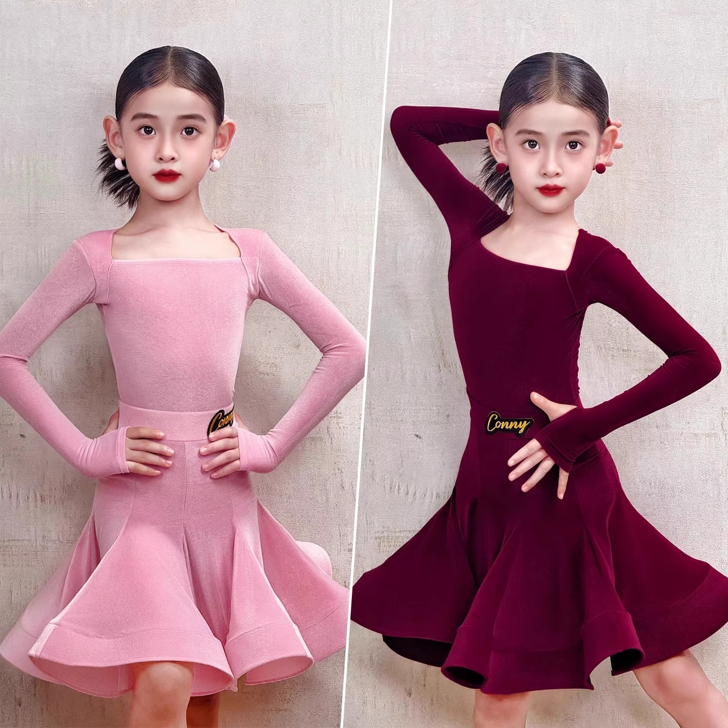 冠军风秋冬新款女童拉丁舞比赛服勾手方领长袖上衣分体鱼骨大摆裙