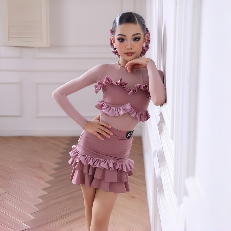 秋拉丁女童艺考长袖木耳边网红裙