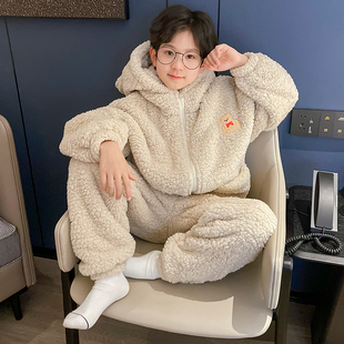 全棉纯棉儿童装男童睡衣秋冬款家居服加绒珊瑚绒男孩大童加厚冬季