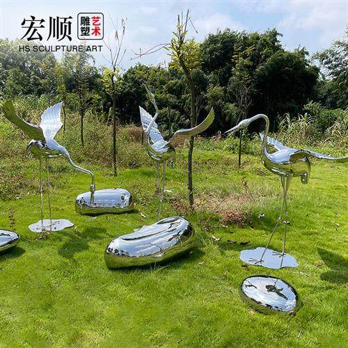 镜面不锈钢火烈鸟仙鹤雕塑售楼处庭院水池景观装饰落地摆件艺术品